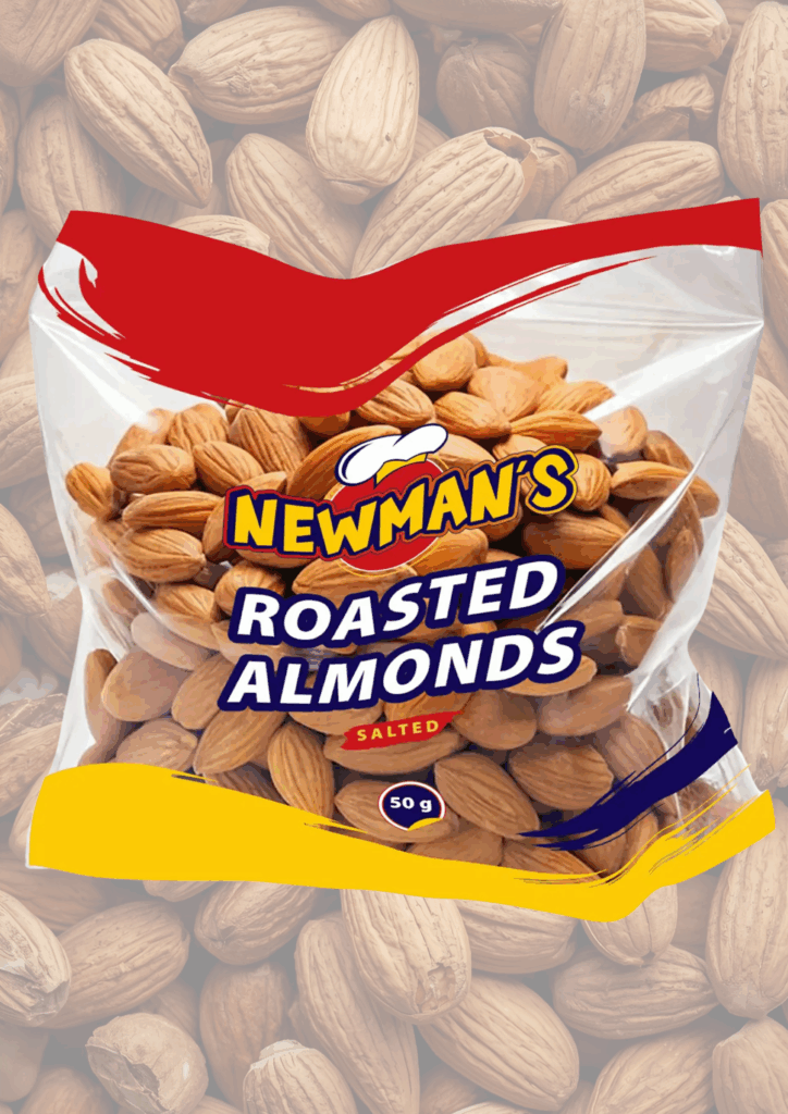 A digitally-rendered bag of Newman's Roasted Almonds, salted flavor, set against a background of loose almonds.