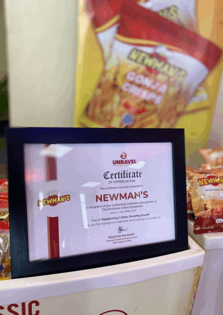 A framed Certificate of Appreciation for Newman's contribution to the Unravel Workplace Culture Symposium.