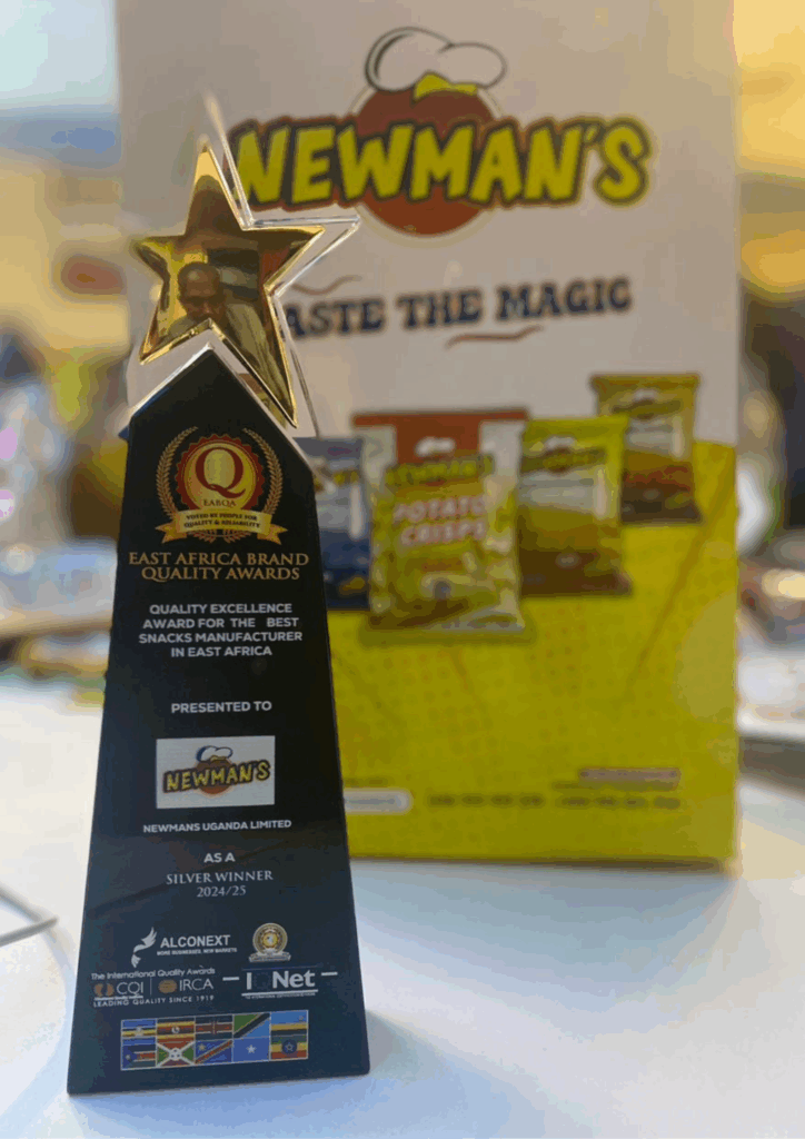 Trophy presented to Newman's Uganda Limited for Silver Winner, Quality Excellence Award, Best Snacks Manufacturer in East Africa 2024/25.