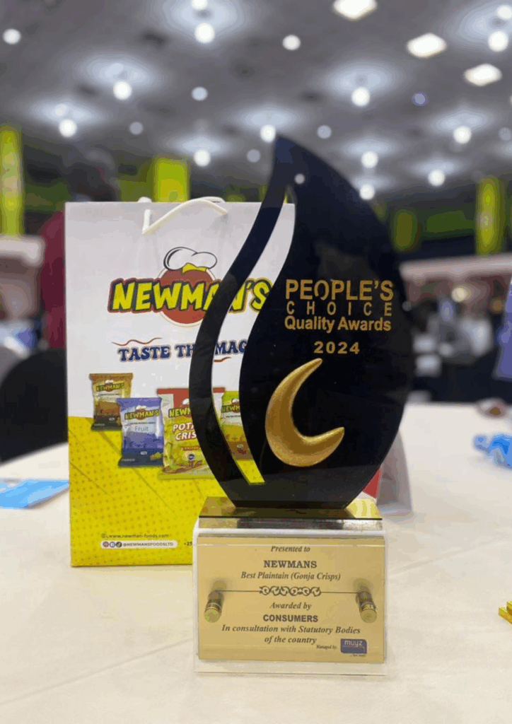 Flame-shaped trophy for the People's Choice Quality Awards 2024, recognizing Newman's Best Plantain (Gonja Crisps).