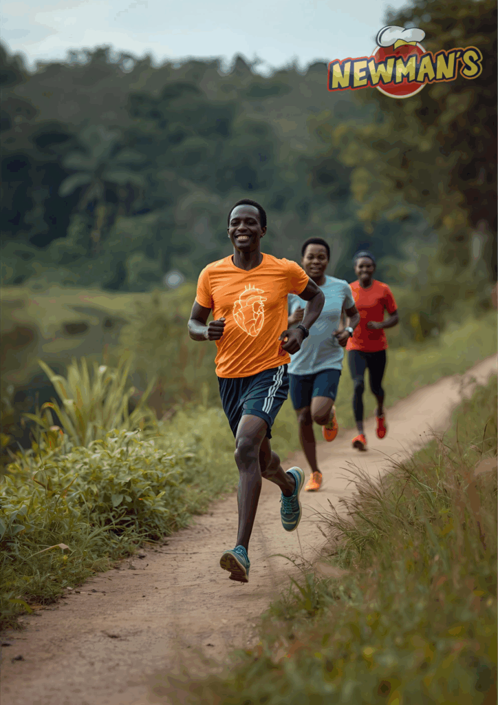 AI-generated image of three enthusiastic runners, led by a man in an orange shirt with a heart graphic, jogging on a dirt path with lush greenery. This visual metaphor represents the benefits of jogging for heart health and the spirit of community runs like the Heart Strings Run