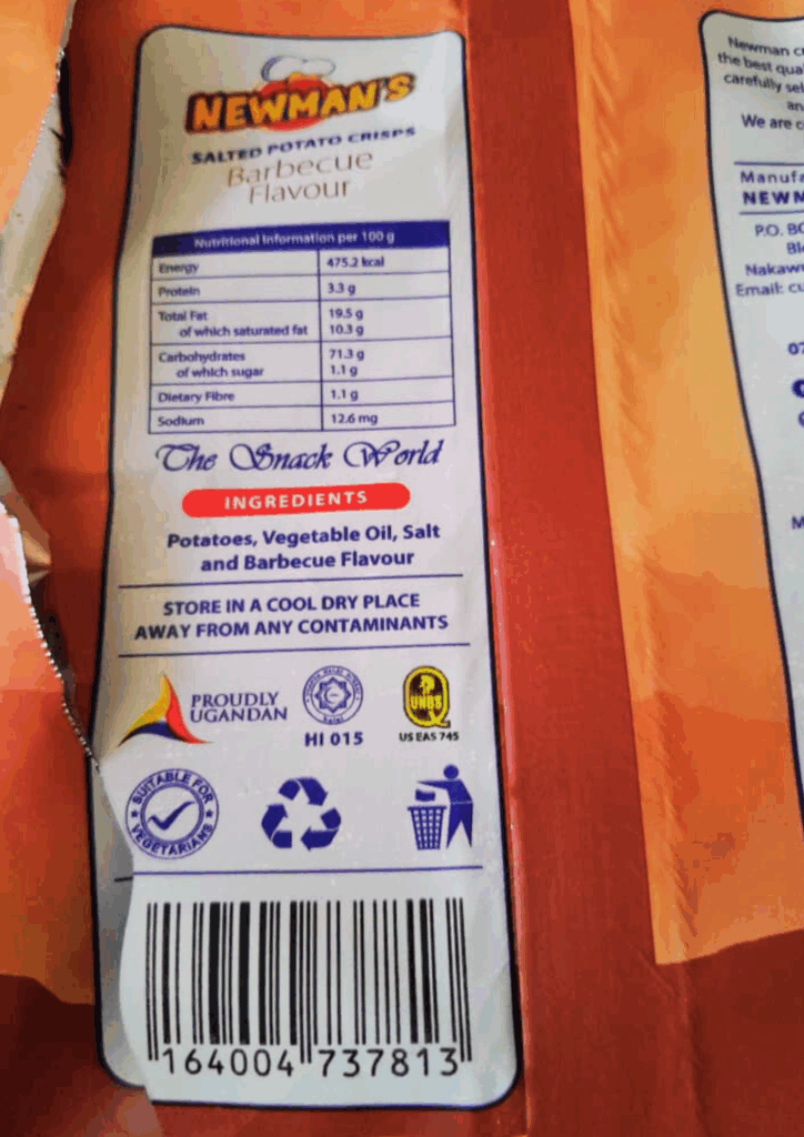 A close-up shot of the back of a Newman's Salted Potato Crisps Barbecue flavoured bag. The label includes the ingredients, nutritional information, the UNBS logo, the phrase "PROUDLY UGANDAN," and three key disposal symbols: a recycling logo, and a symbol of a person disposing of waste in a trash bin