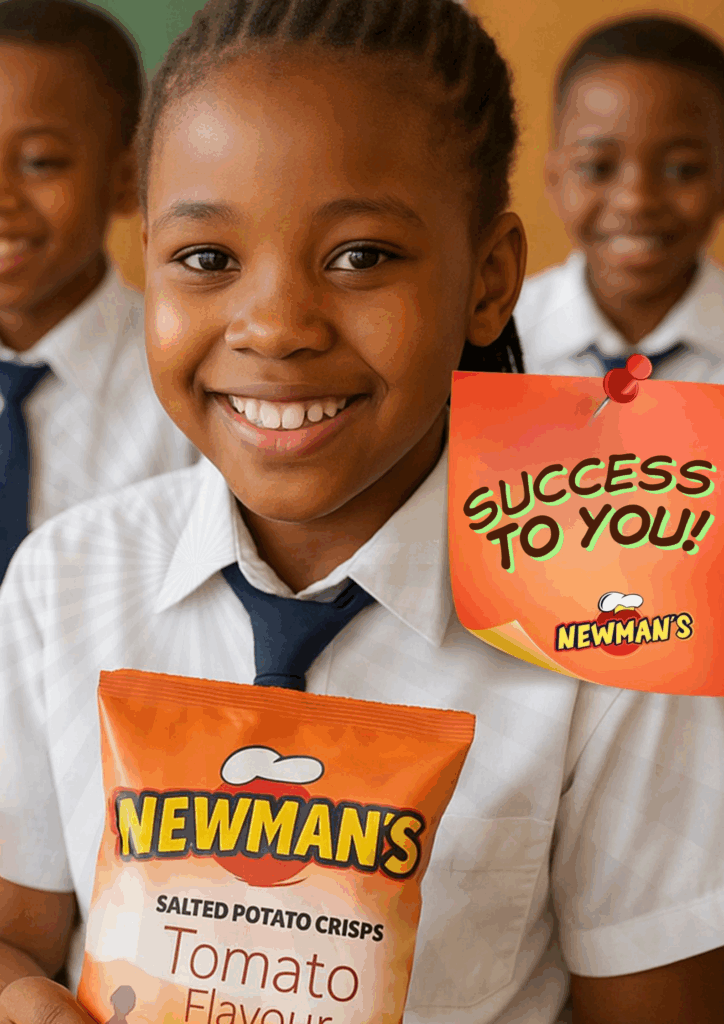 A smiling Black girl in a school uniform holds a bag of Newman's Salted Potato Crisps. A graphic reads, "SUCCESS TO YOU! NEWMAN'S." Two other children are blurred in the background.