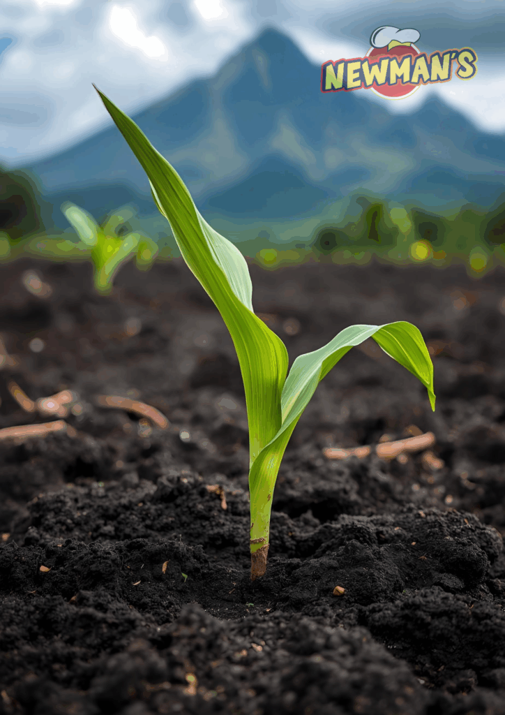 AI generated close-up shot of a single, vibrant green corn seedling growing out of rich, dark brown soil, with a large, misty mountain visible in the background beneath a cloudy sky. The Newman's logo is visible in the upper right corner.