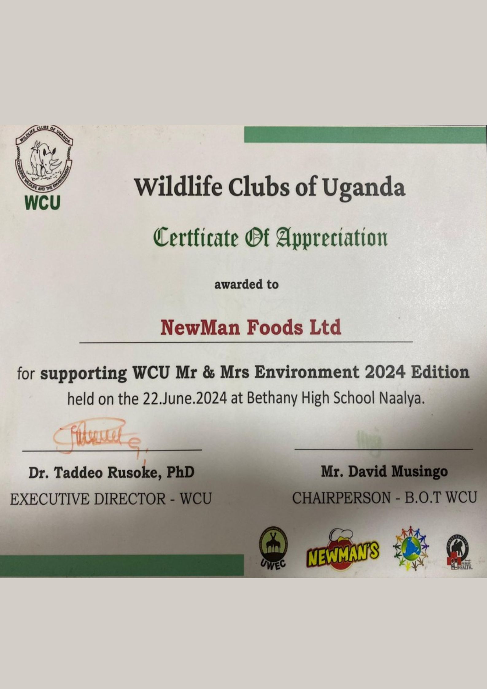 A Certificate from Wildlife Clubs of Uganda