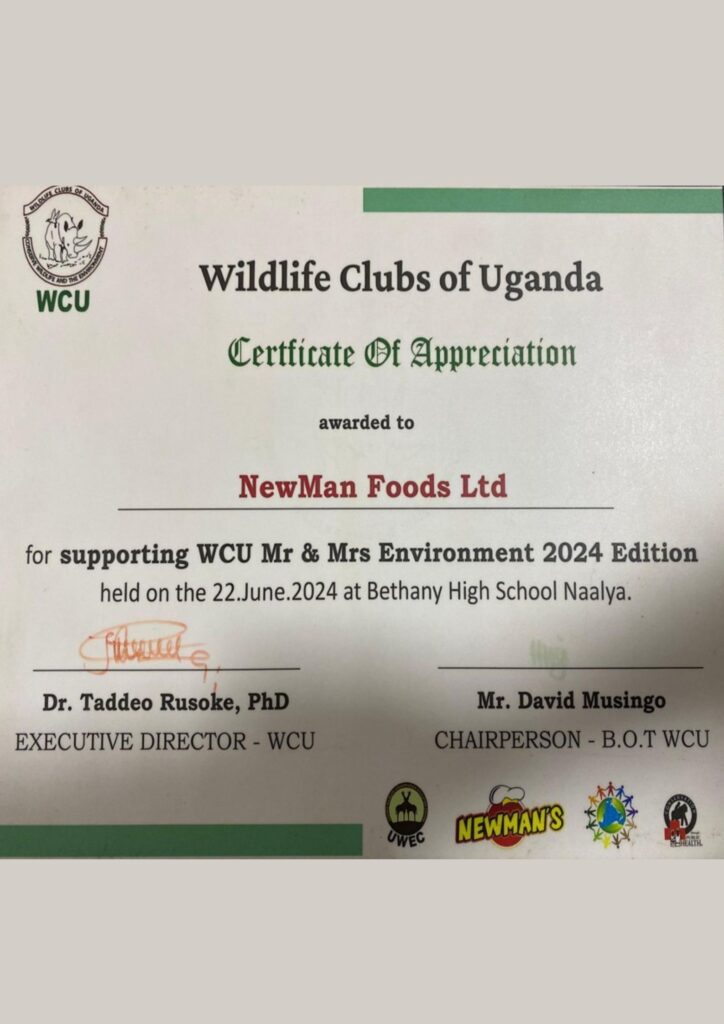 A Certificate of Particpation for Newmans from Wildlife Clubs