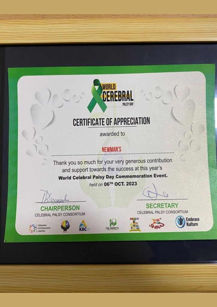A certificate of Appreciation for Newman's in World Celebral Palsy Day