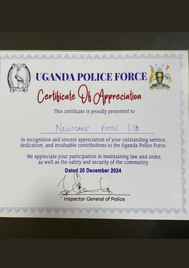 A Certificate of Appreciation to Newman's from Uganda Police