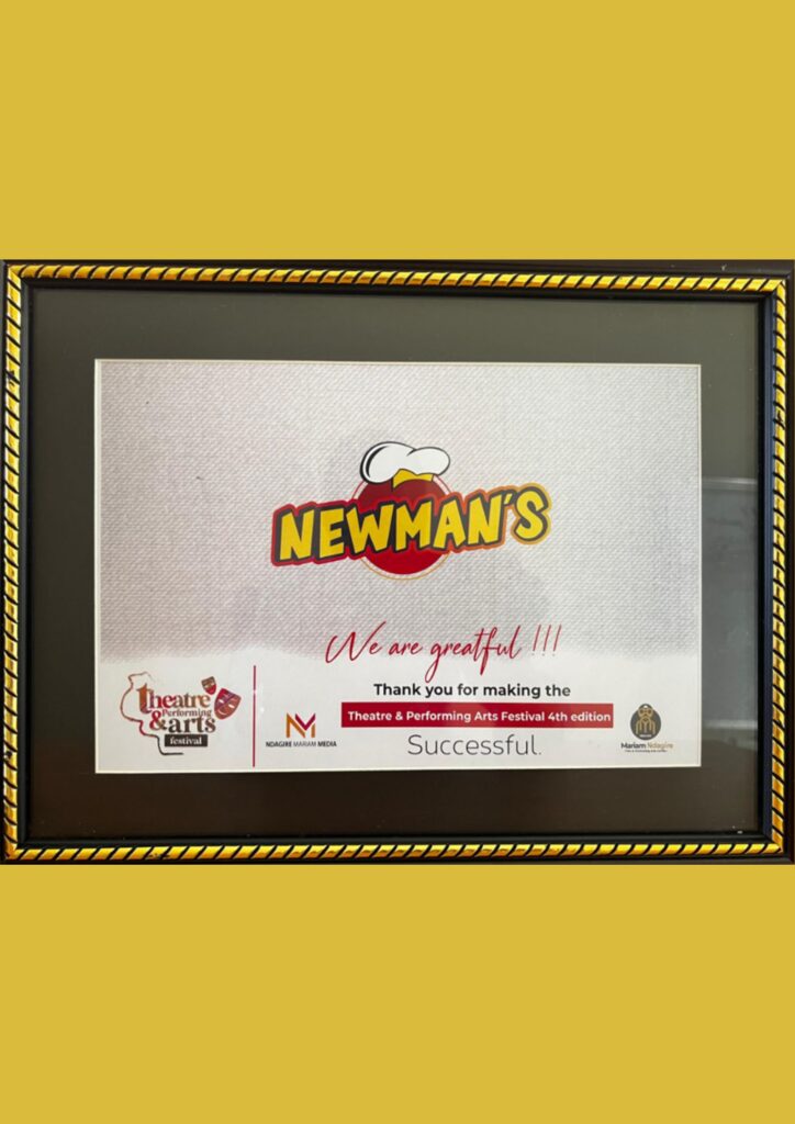 A certificate showing Newman's involvement in the Theatre & Performing Arts Festival 4th edition