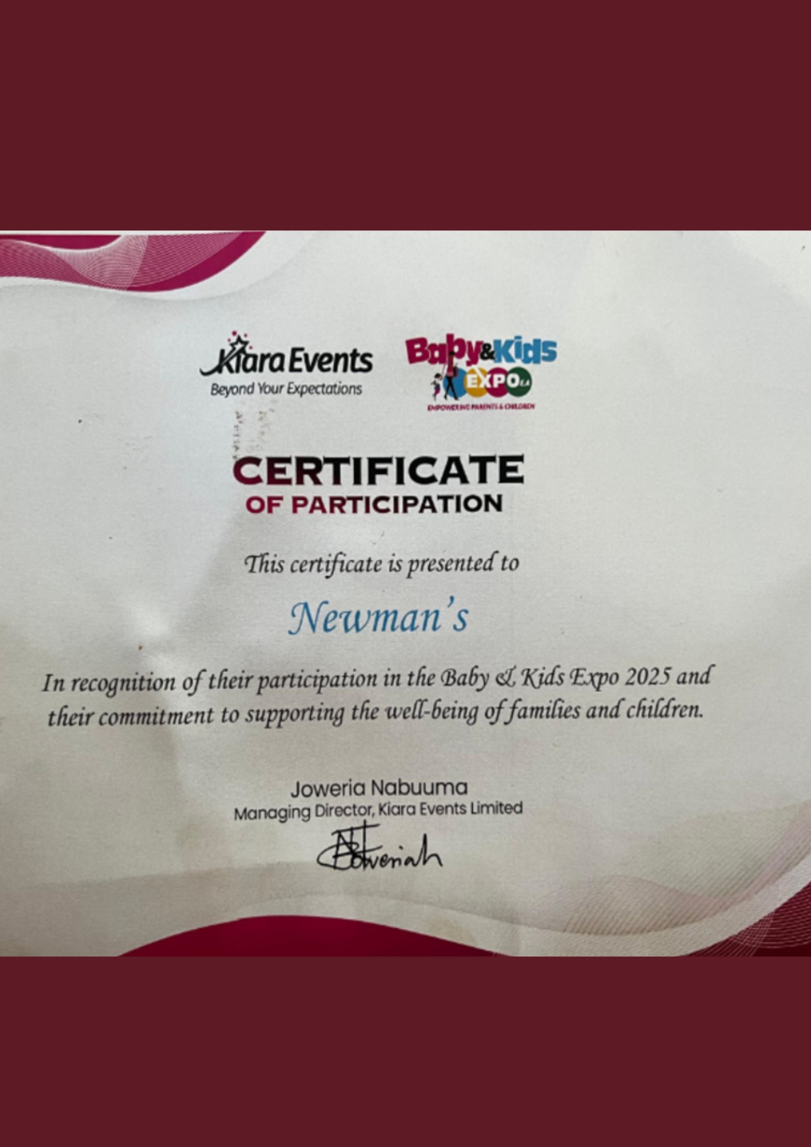 A certificate of Newman's from the Baby Expo