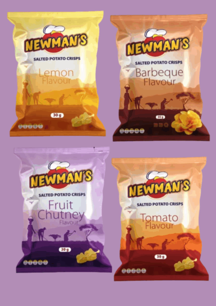 A collage showing four individual bags of Newman's Salted Potato Crisps: Lemon Flavour (yellow), Barbecue Flavour (brown/orange), Fruit Chutney Flavour (purple), and Tomato Flavour (orange/red).