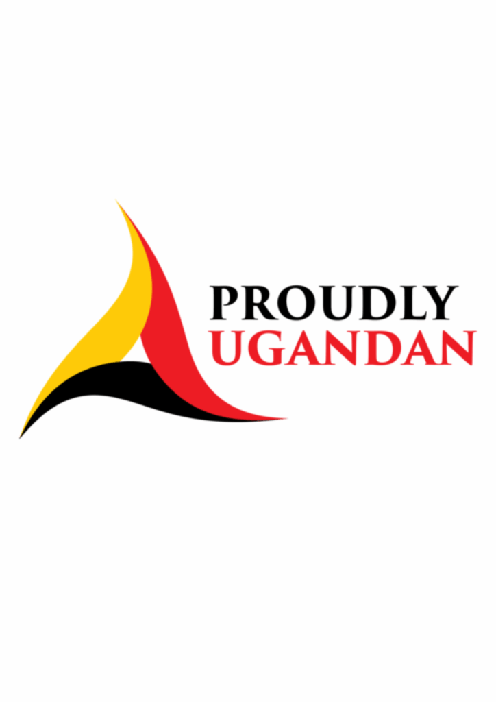 Proudly Ugandan initiative logo featuring a dynamic, stylized flame or wing shape in the colors of the Ugandan flag (black, yellow, and red).