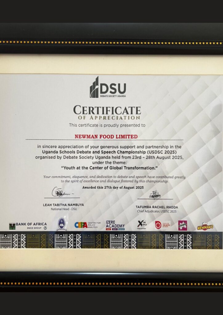 Certificate of Appreciation from Debate Society Uganda