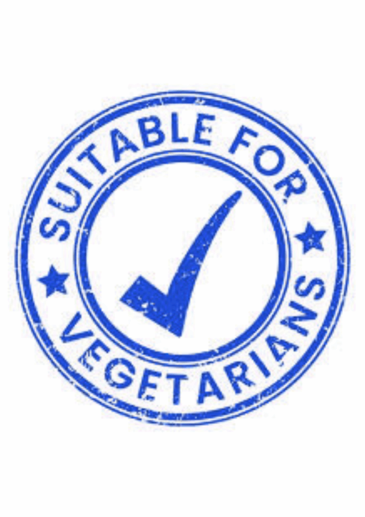 A circular blue stamp graphic with a large checkmark in the middle, containing the text 'SUITABLE FOR VEGETARIANS' around the border.